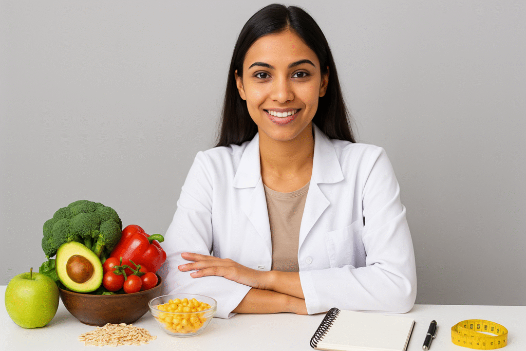 Best dietitian in India consulting with healthy food.