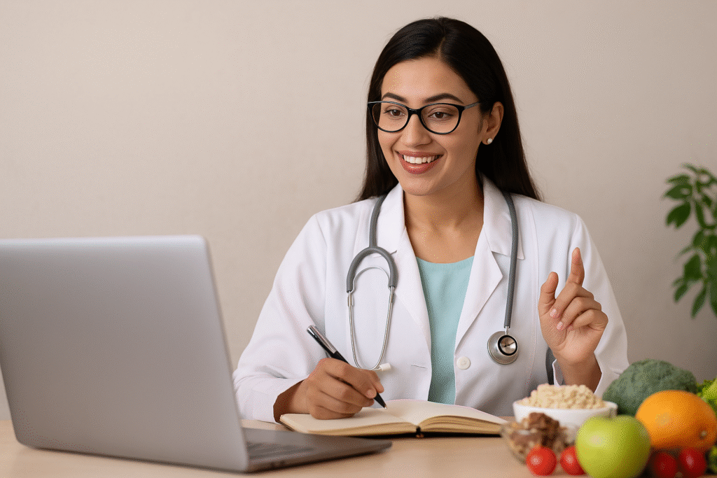 Online dietitian consultation India with healthy food and laptop.