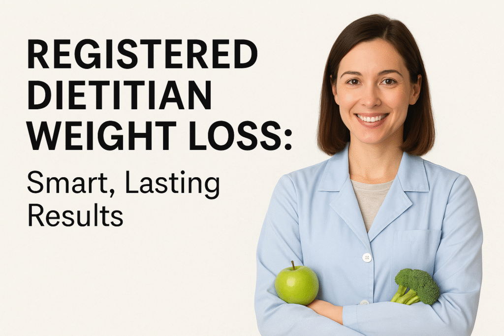 Registered dietitian weight loss expert holding healthy foods in a professional setting.