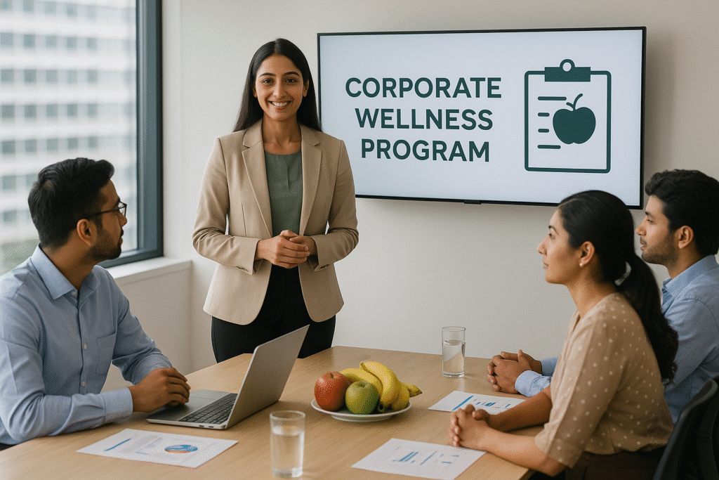 Corporate wellness programs India team session in office.