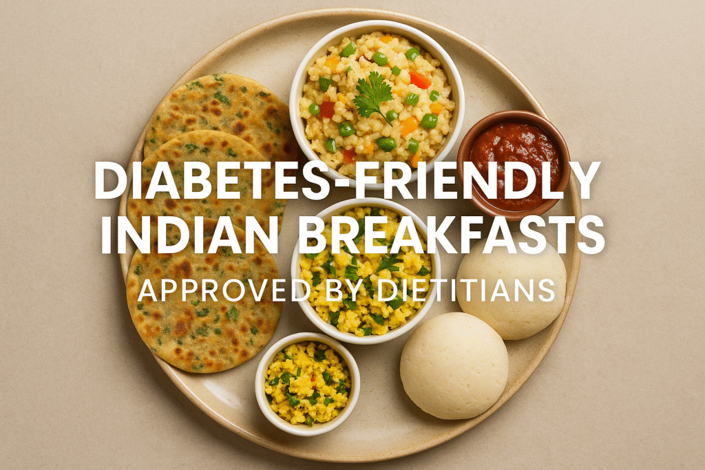 Diabetes friendly Indian breakfast plate with healthy dishes.
