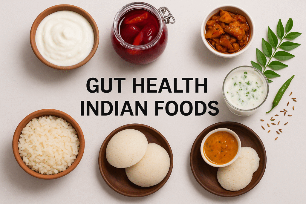 Gut health Indian foods including curd, idli, kanji, chaas, and fermented rice.