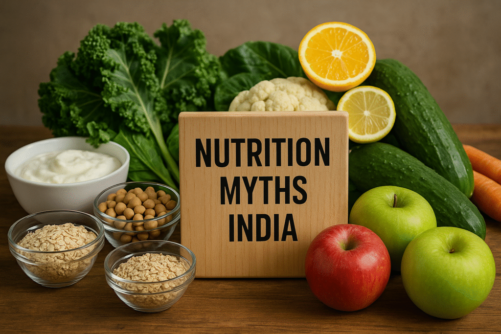 Healthy foods displayed around a sign highlighting nutrition myths India.