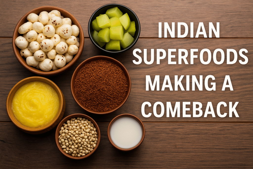 Indian superfoods like makhana, ragi, amla, and ghee displayed in bowls.