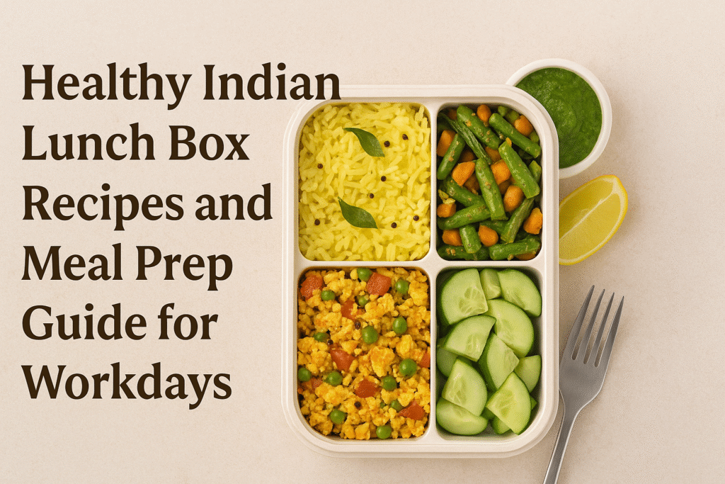 Healthy Indian lunch box with rice, paneer and vegetables.
