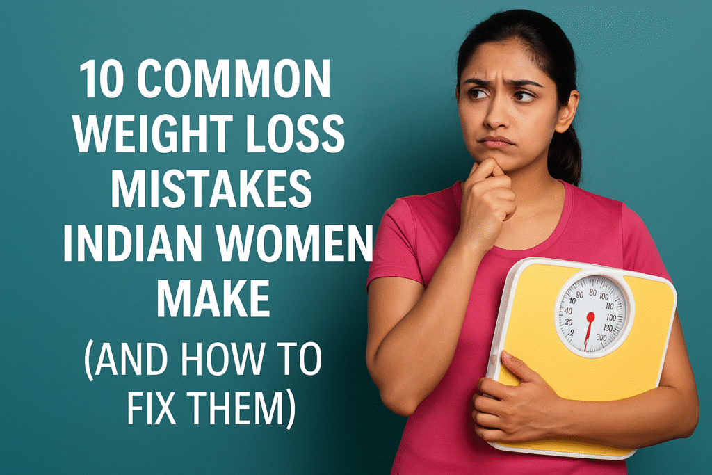 Indian woman holding a weighing scale with text about weight loss mistakes and how to fix them.