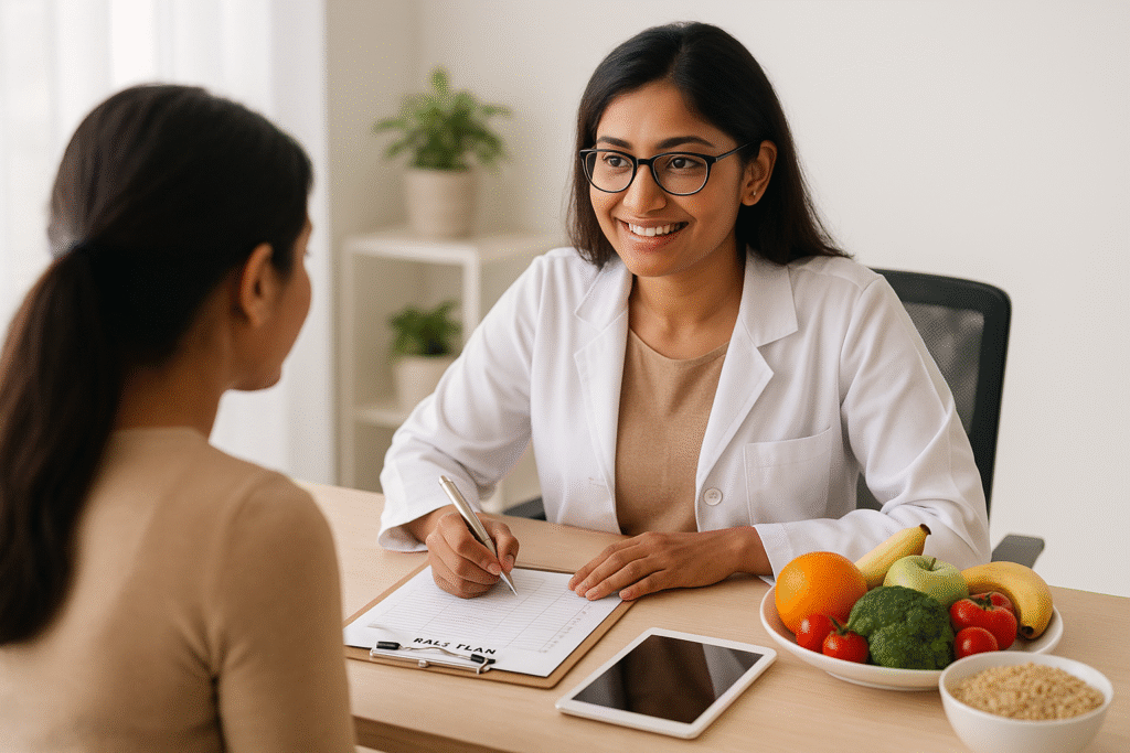 Registered dietitian weight loss consultation with client in clinic.