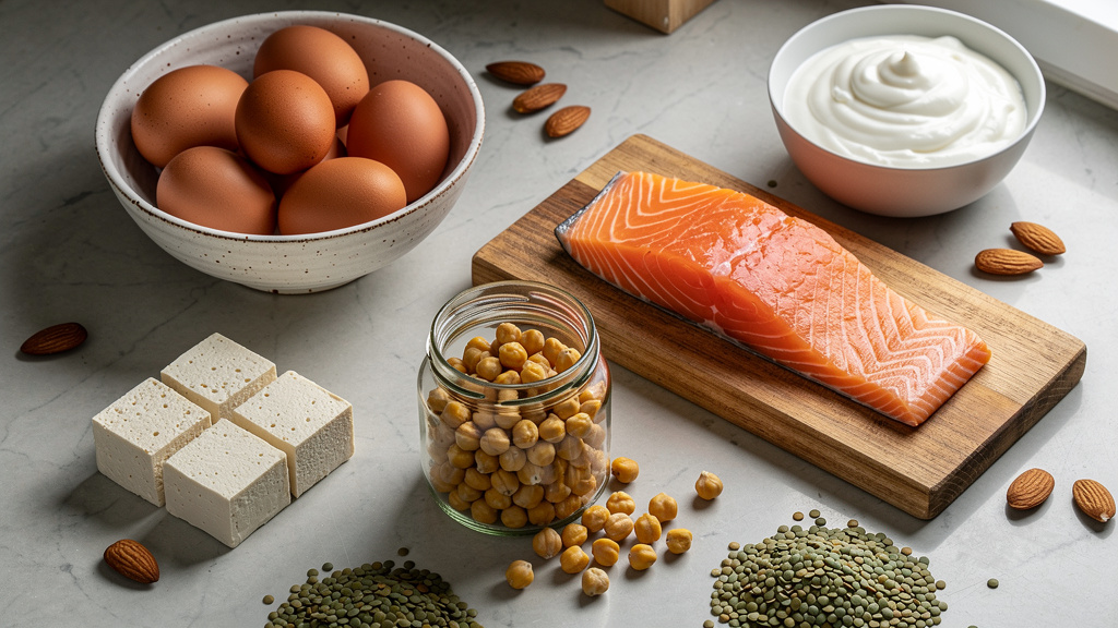 Various high-protein foods including eggs and fish