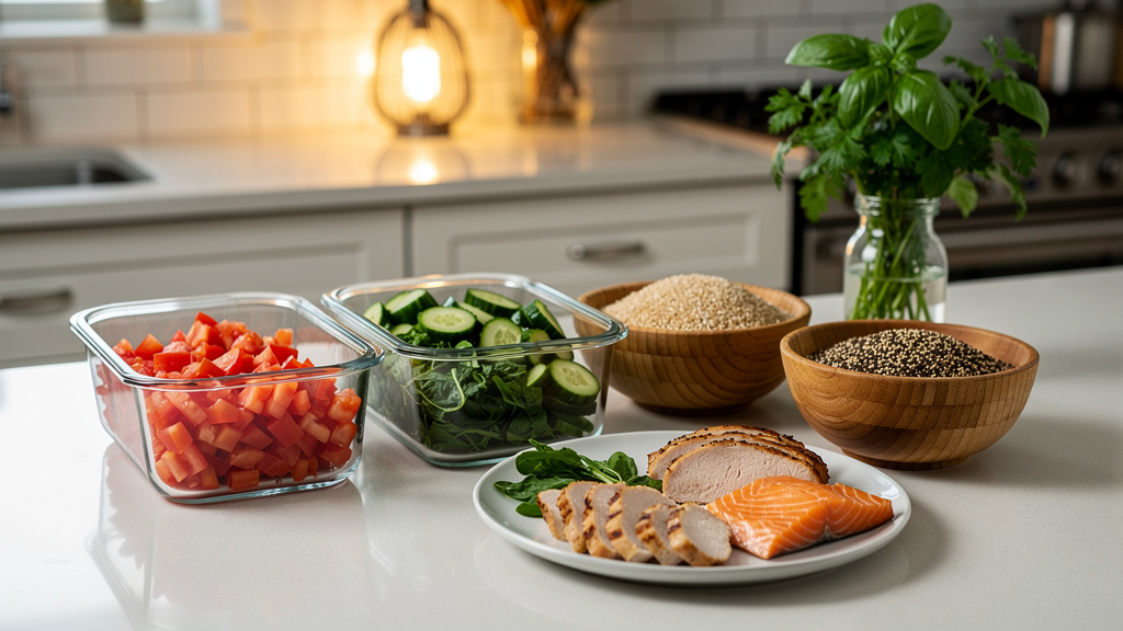 Organized meal preparation with fresh vegetables and balanced portions