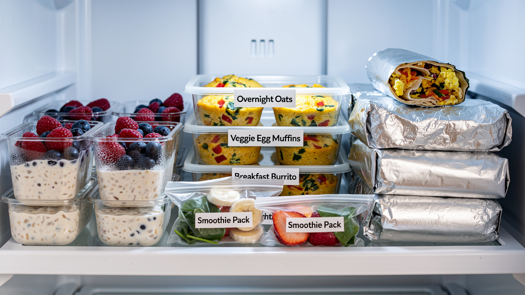Organized meal prep containers with various breakfast options