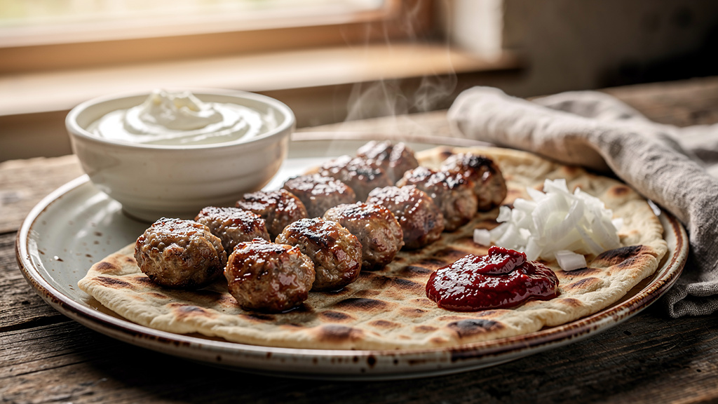 Grilled ćevapi with flatbread, kajmak and ajvar spread