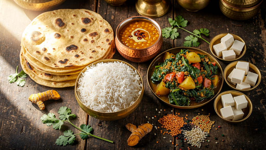 Traditional Indian foods including dal, roti, rice and vegetables