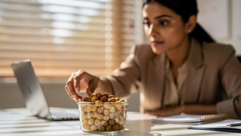 Woman at office desk choosing healthy snack during work