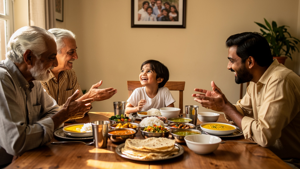 Multi-generational Indian family sharing healthy meal together
