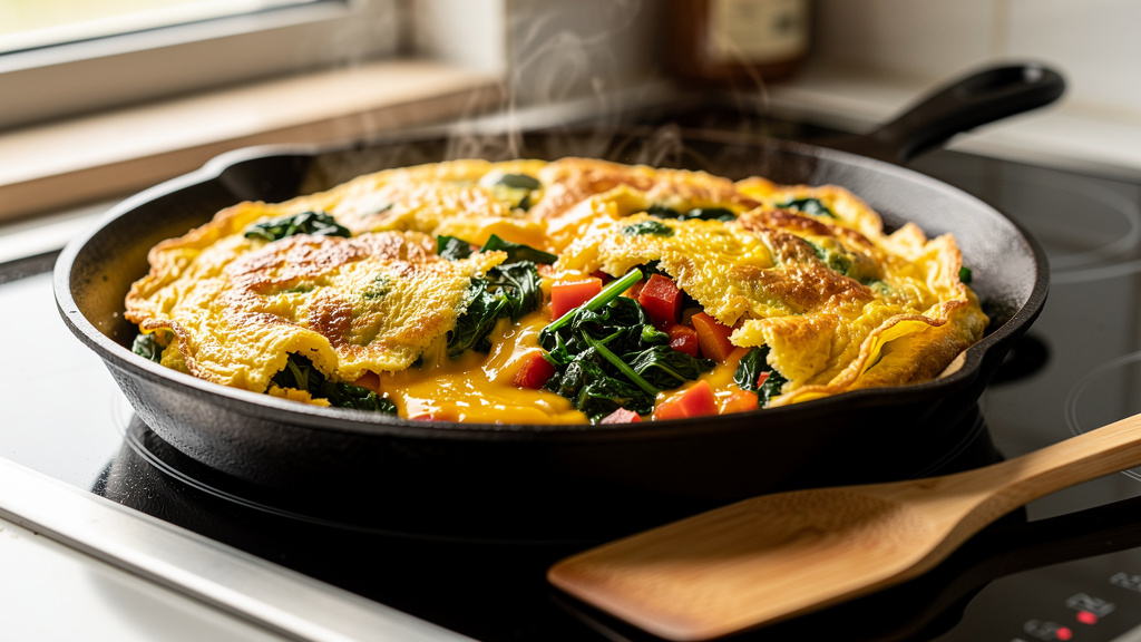Fluffy vegetable omelet with spinach and peppers in skillet