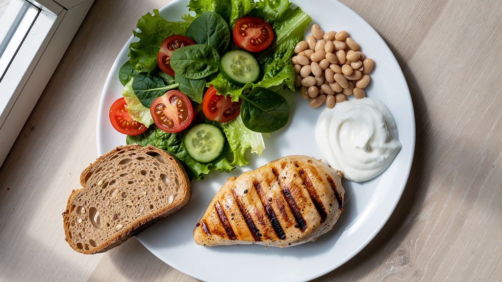 Balanced Balkan-style plate with protein, vegetables and fermented dairy