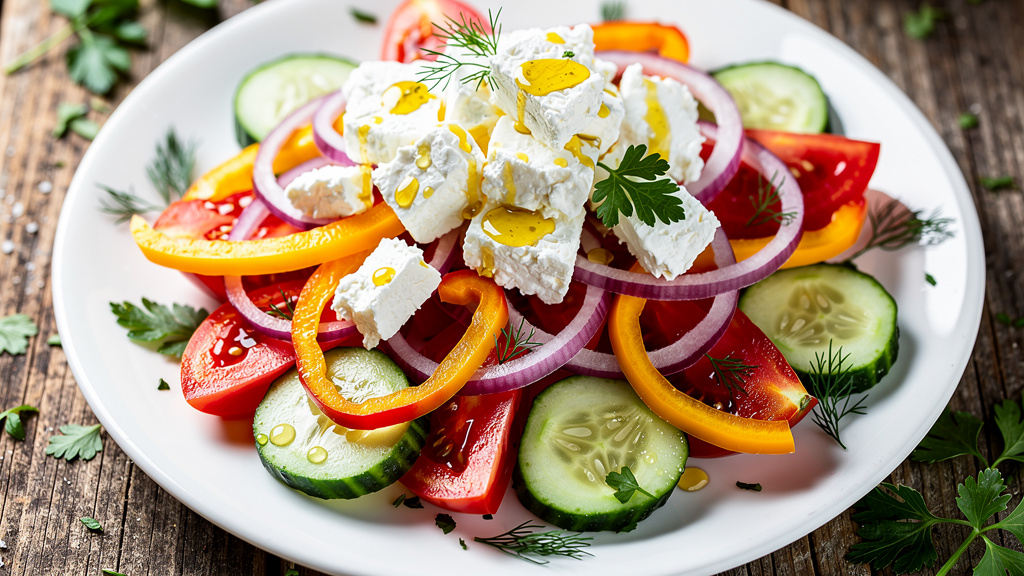 Colourful shopska salad with tomatoes, cucumbers and white cheese