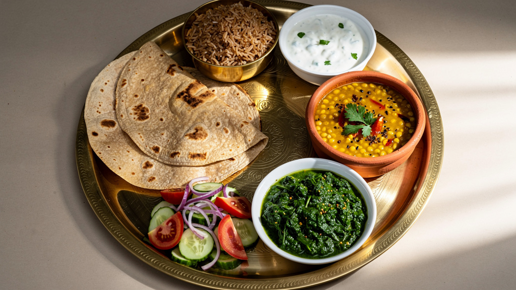 Complete vegetarian Indian thali with dal, vegetables and roti