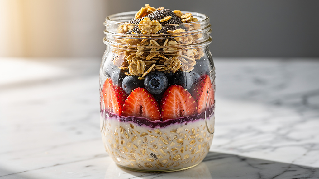 Mason jar of overnight oats with fresh berries and seeds