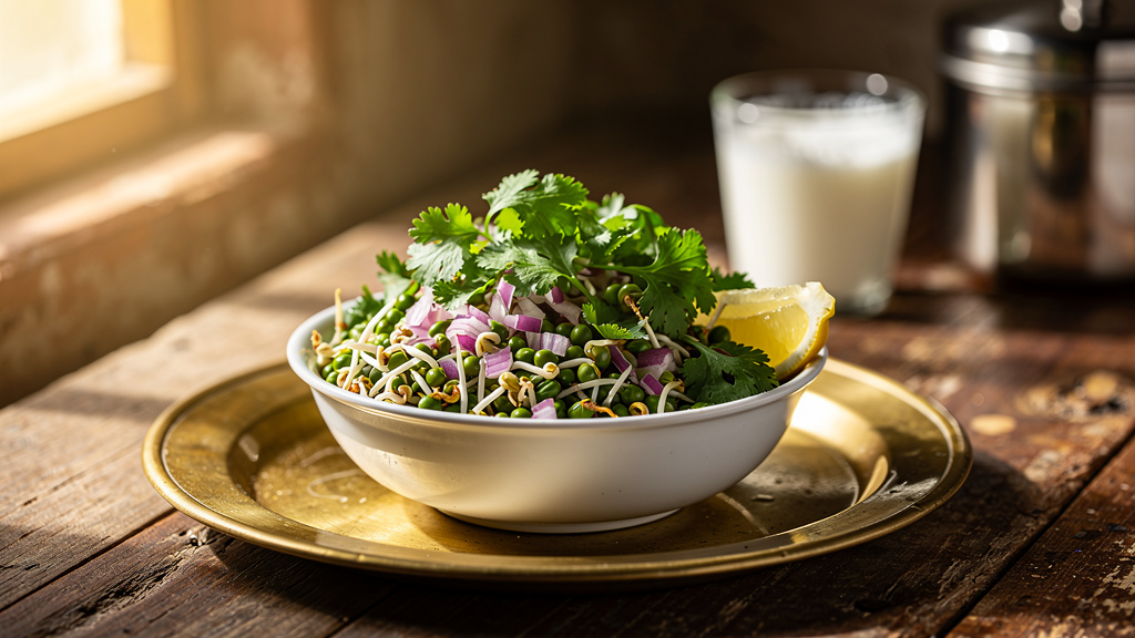 Fresh moong sprout chaat with vegetables and spices