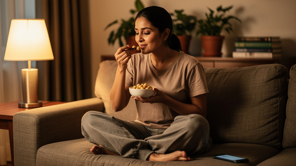 Woman practising mindful eating with healthy snack at home
