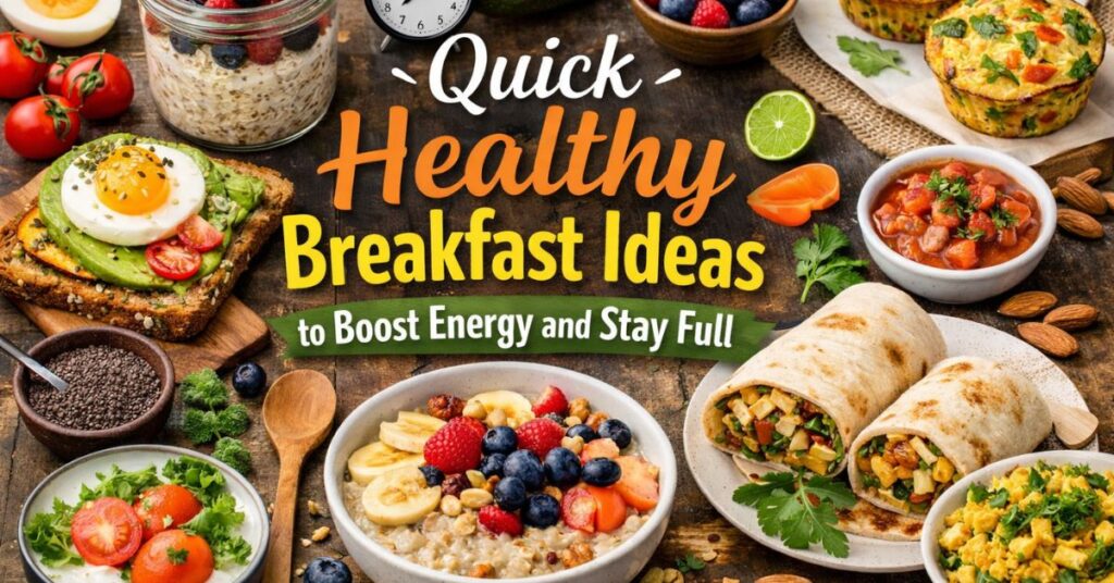 Quick healthy breakfast ideas with oats, eggs, avocado toast, and smoothie