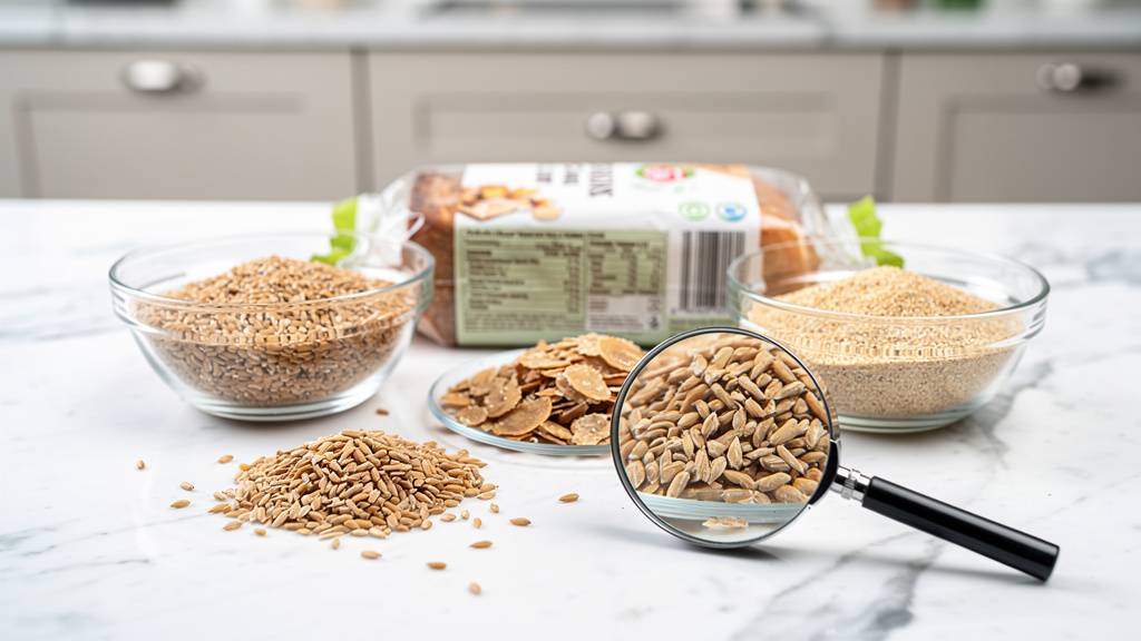 Kitchen scene showing bread package with whole grain ingredients for inspection
