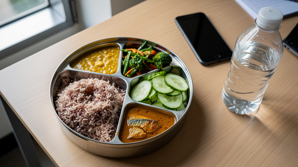 Balanced Indian office lunch in traditional tiffin box