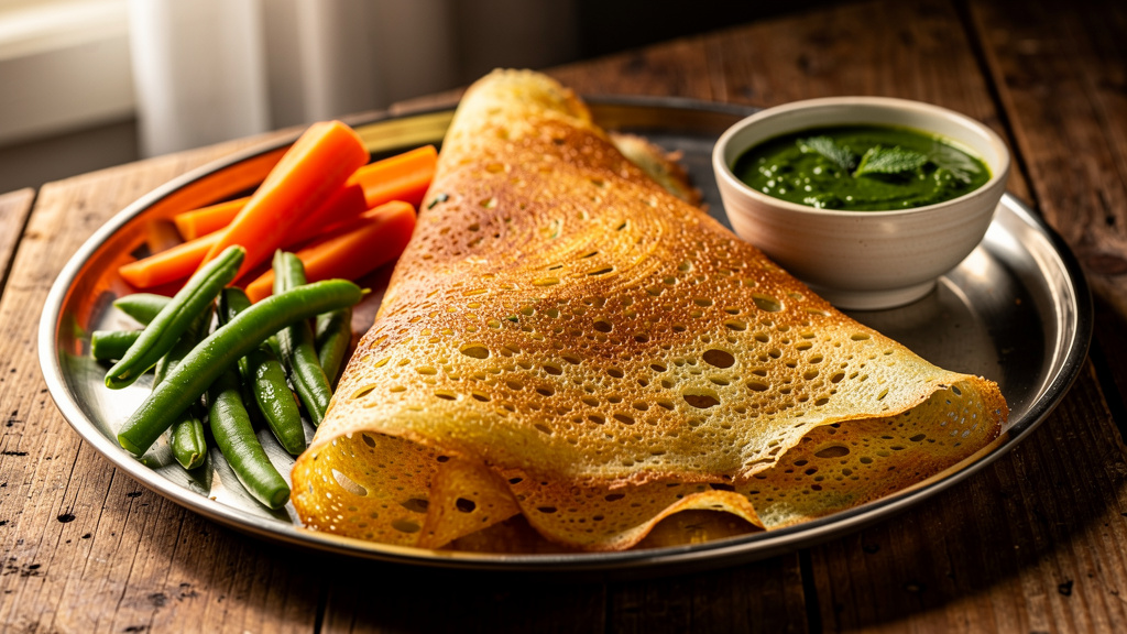 Traditional moong dal dosa with mint chutney and vegetables