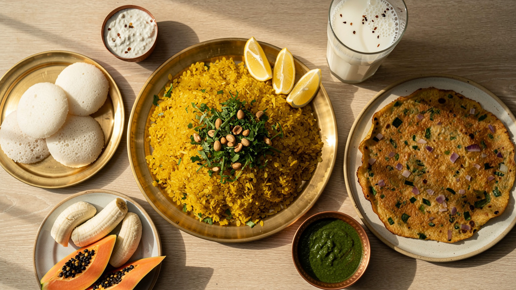 Healthy Indian breakfast with poha, idli and traditional items