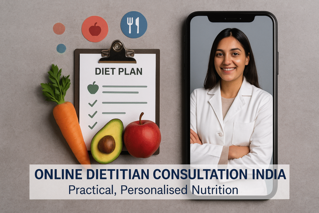 Dietitian giving online dietitian consultation India on phone.