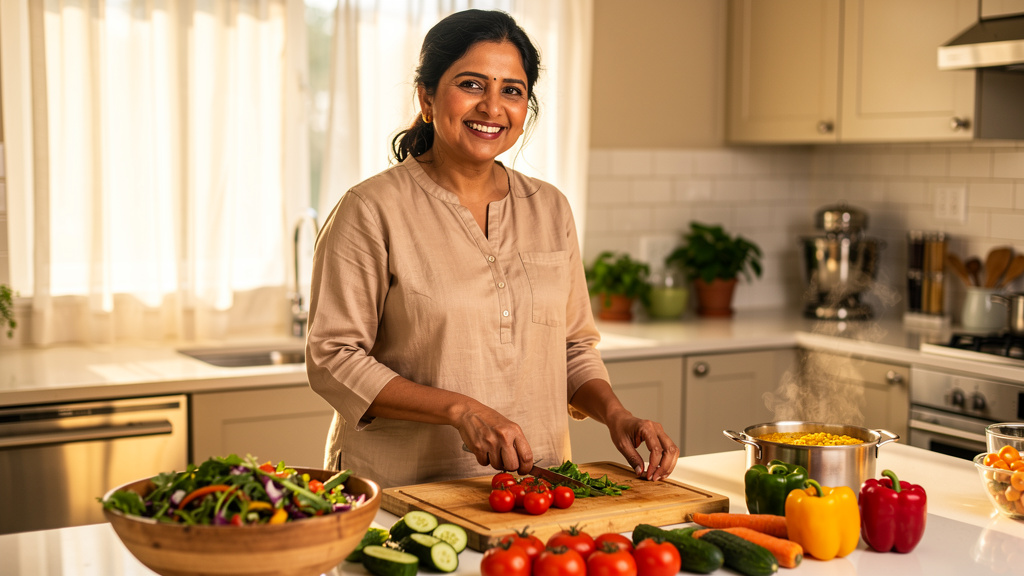 Happy client preparing healthy meal after weight loss success
