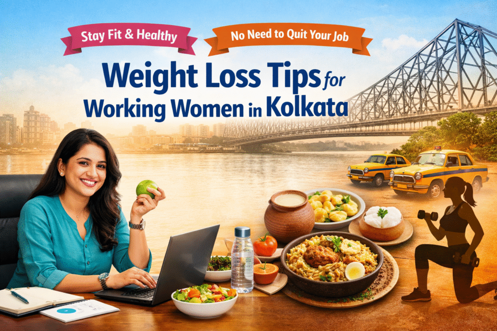 Confident working woman enjoying healthy food for weight loss for working women in Kolkata