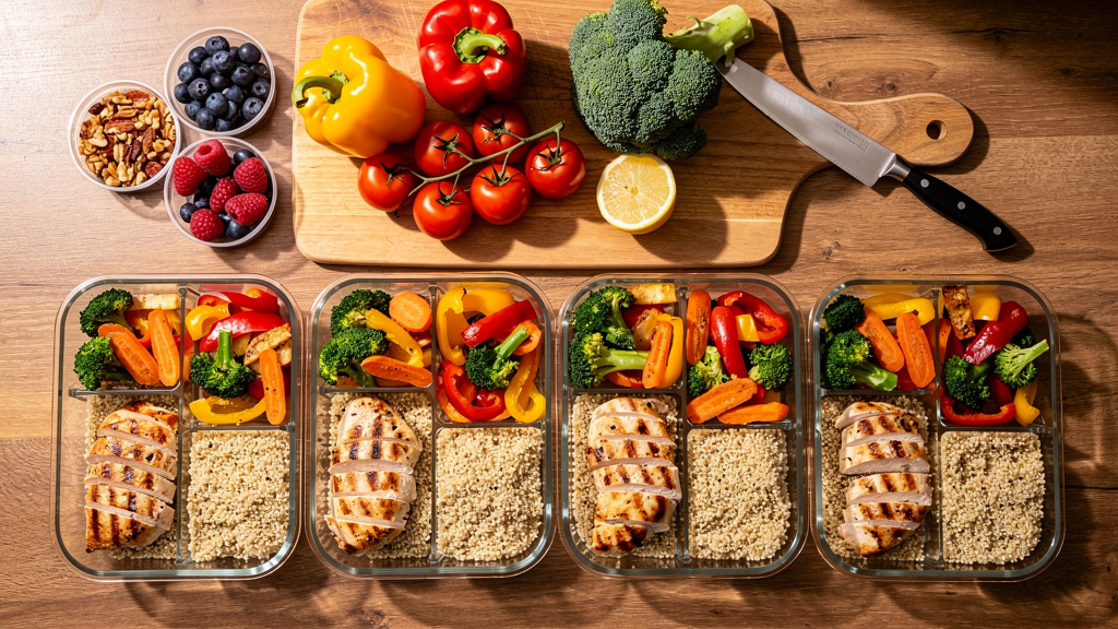 Organized meal prep containers with balanced nutrition