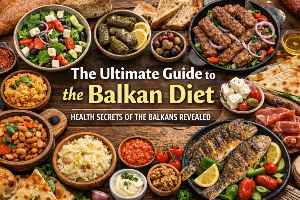 Balkan Diet spread with grilled meats, vegetables, salads, bread, and yoghurt