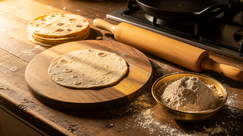 Freshly prepared wheat rotis on traditional Indian kitchen surface