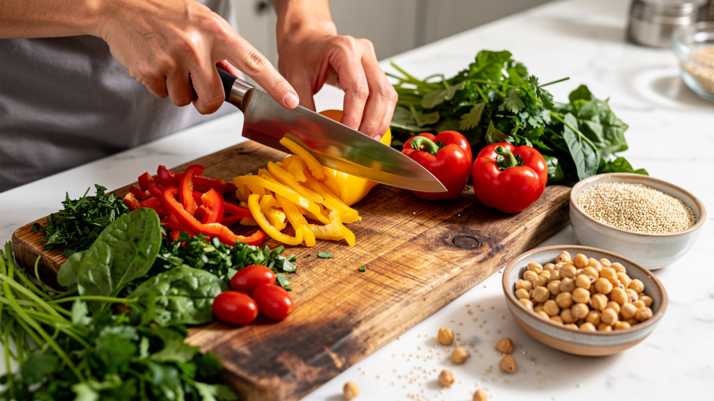 Fresh vegetables and healthy ingredients being prepared for balanced meals