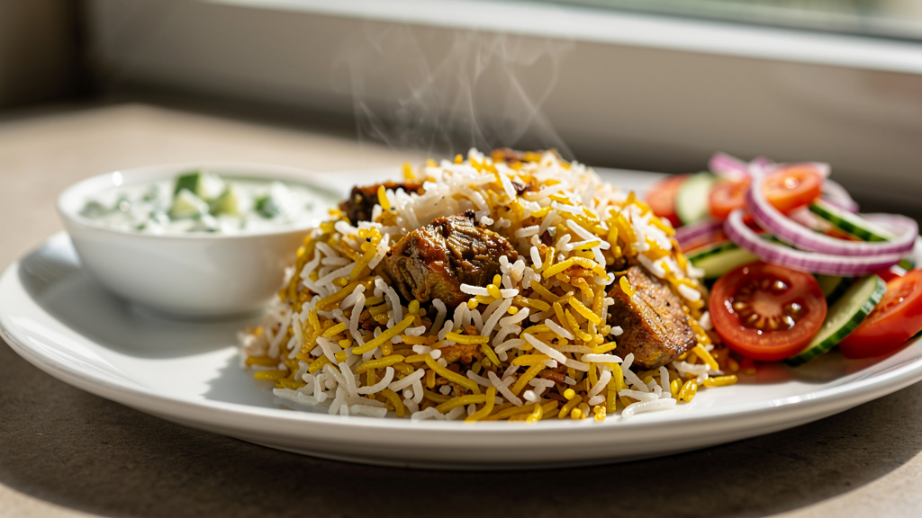 Moderate portion of biryani with raita and salad