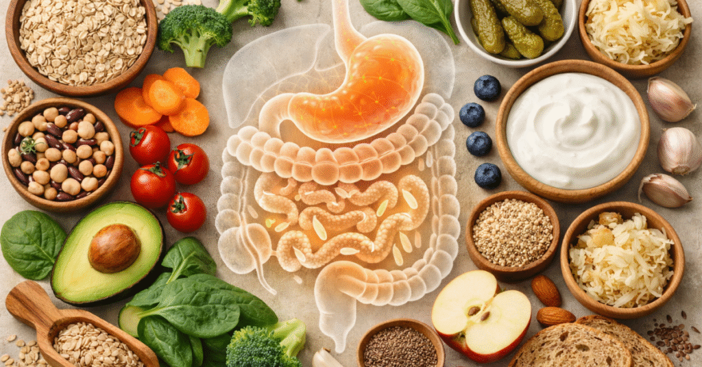 Digestive Health Nutrition with fiber rich foods and probiotics for healthy digestion
