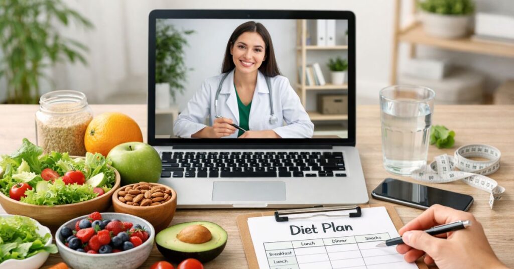 Online diet consultation with expert dietitian providing personalised nutrition plan via video call