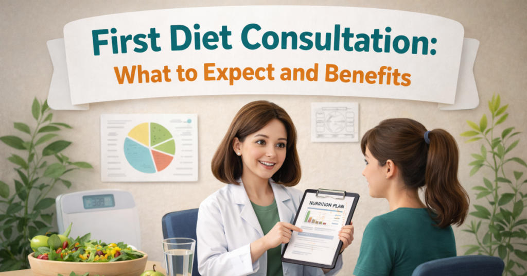First diet consultation with dietitian discussing personalized meal plan.