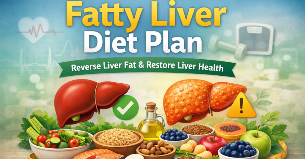 Fatty liver diet plan with vegetables, whole grains, nuts, and protein foods to reduce liver fat and improve liver health