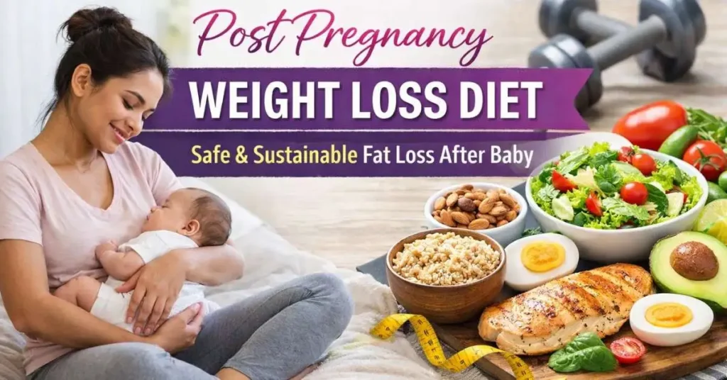 Post pregnancy weight loss diet with healthy foods and mother with baby