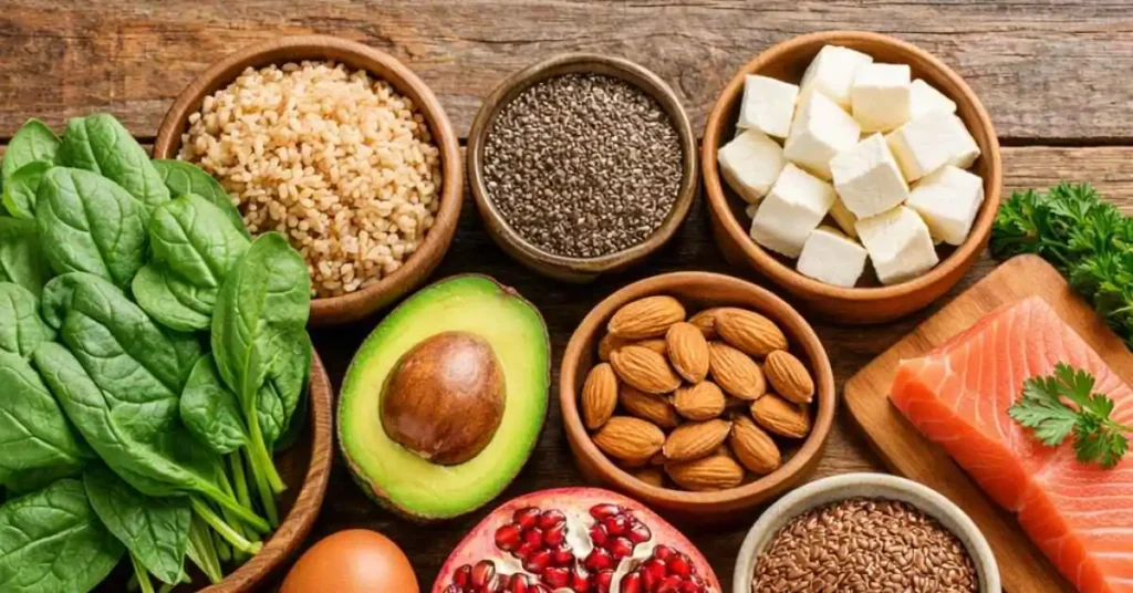 Fertility boosting foods for women including leafy greens eggs nuts seeds and fruits on wooden table