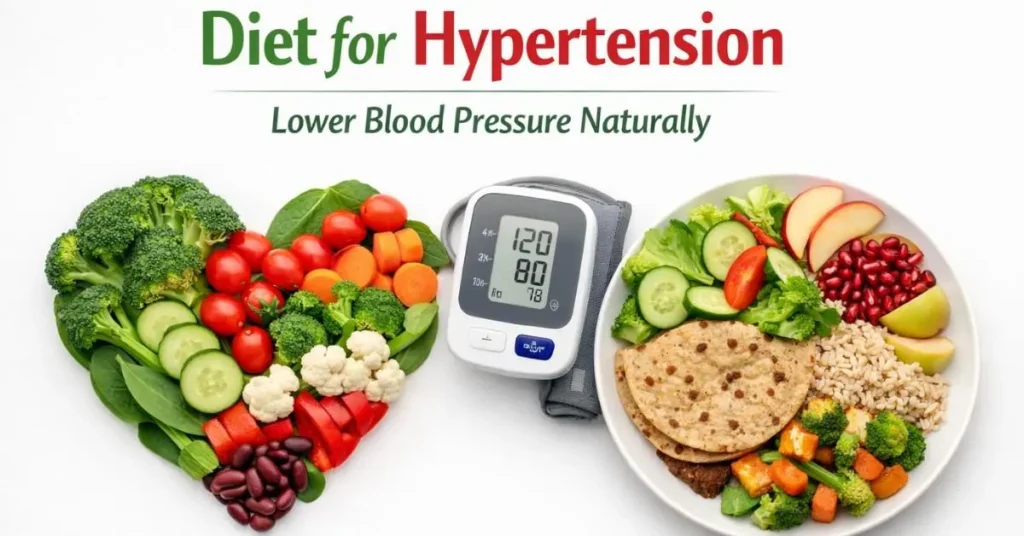 Diet for Hypertension with healthy foods and BP monitor