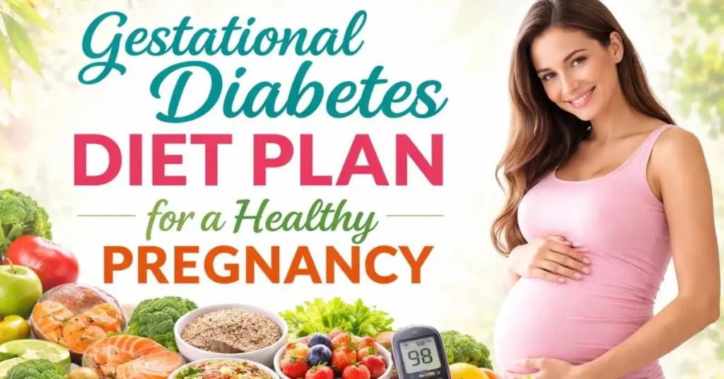 Gestational diabetes diet plan with healthy pregnancy foods and glucose monitor.