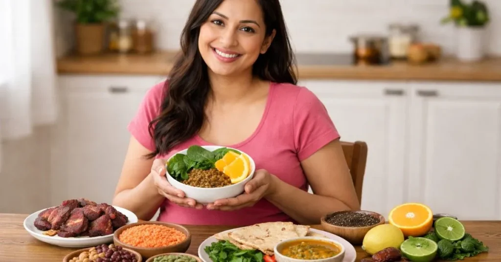Iron rich foods for pregnancy with spinach, lentils and citrus fruits