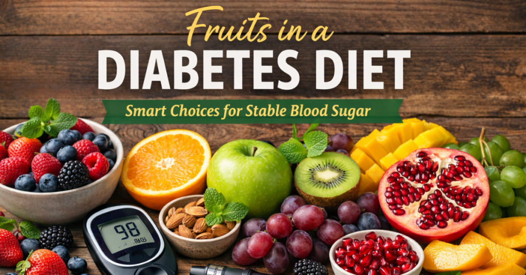 Fruits in a diabetes diet showing healthy fruit choices with blood sugar monitoring