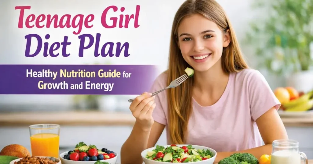 Healthy foods and balanced meal for a teenage girl diet plan supporting growth and nutrition