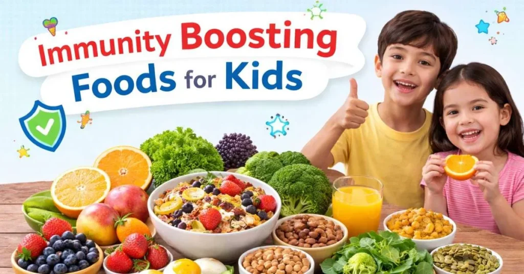 Immunity boosting foods for kids with fruits, vegetables, eggs, and nuts